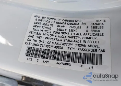 2016 Honda Civic Ex-T z USA, uszkodzony, nr VIN 2HGFC1F36GH640598